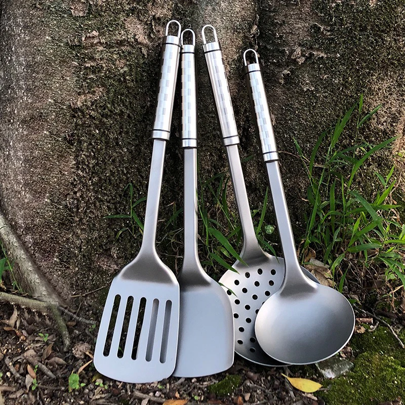 Juego de utensilios de cocina de 4 piezas, colador de cocina de titanio/acero inoxidable, espumadera, cuchara ranurada, pala, utensilios de cocina, juego de espátula