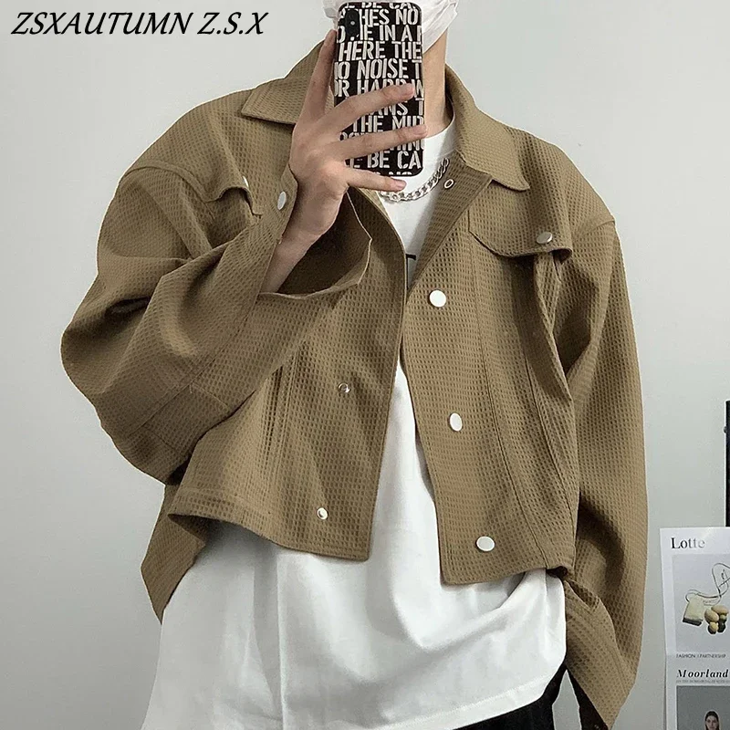 Trendy Fashionable Casual Short Jacket for Men Vintage Lapel Outwear Korean Crop Coats All-match Male Long Sleeve Streetwear