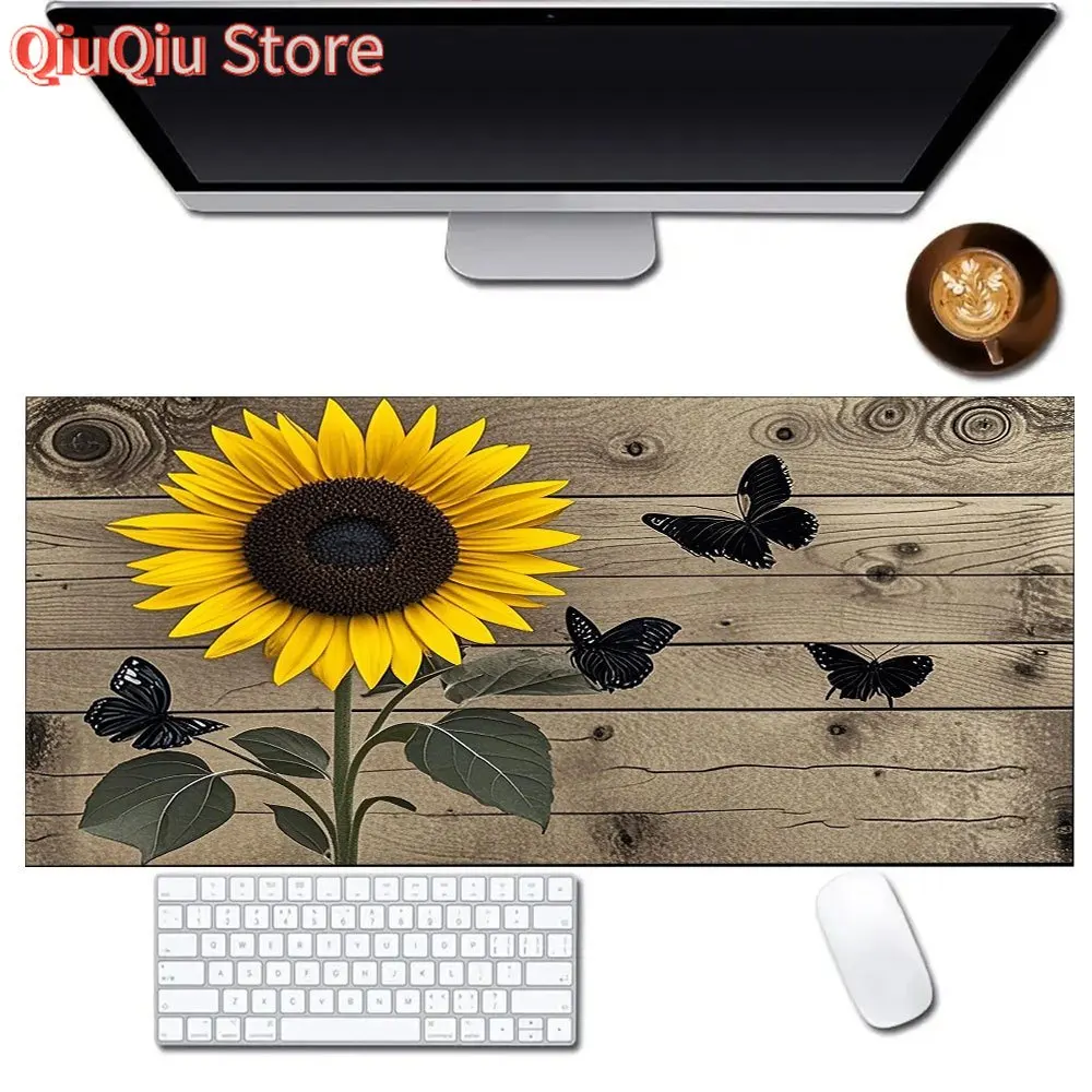 Vintage Wooden Plank Daisy Butterfly XXL Desk Mat, Rustic Floral Non-Slip Rubber Gaming Mouse Pad with Stitched Edge