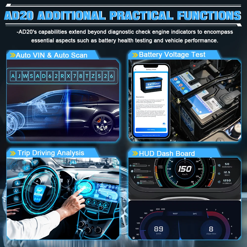 XTOOL AD20 OBD2 Scanner Lettore di codici per auto Strumenti diagnostici OBDII per auto Dati in tempo reale Lettura guasti Cancella errore Tester batteria Spia motore Aggiornamento gratuito Scansione automatica