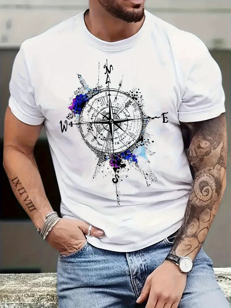 Men's compass printed O-neck T-shirt-breathable 100% cotton, casual short-sleeved summer shirt T-shirt.