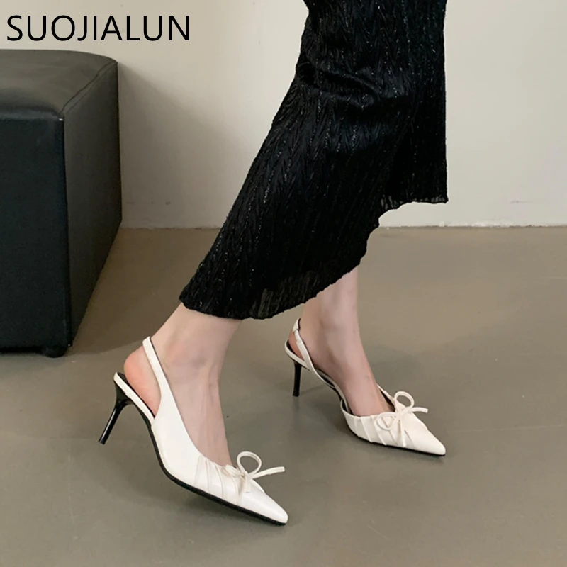 SUOJIALUN Autumn New Women Sandal Fashion Pointed Toe Pleated Ladies Elegant Dress Slingback Shoes Shallow Thin High Heel Pumps