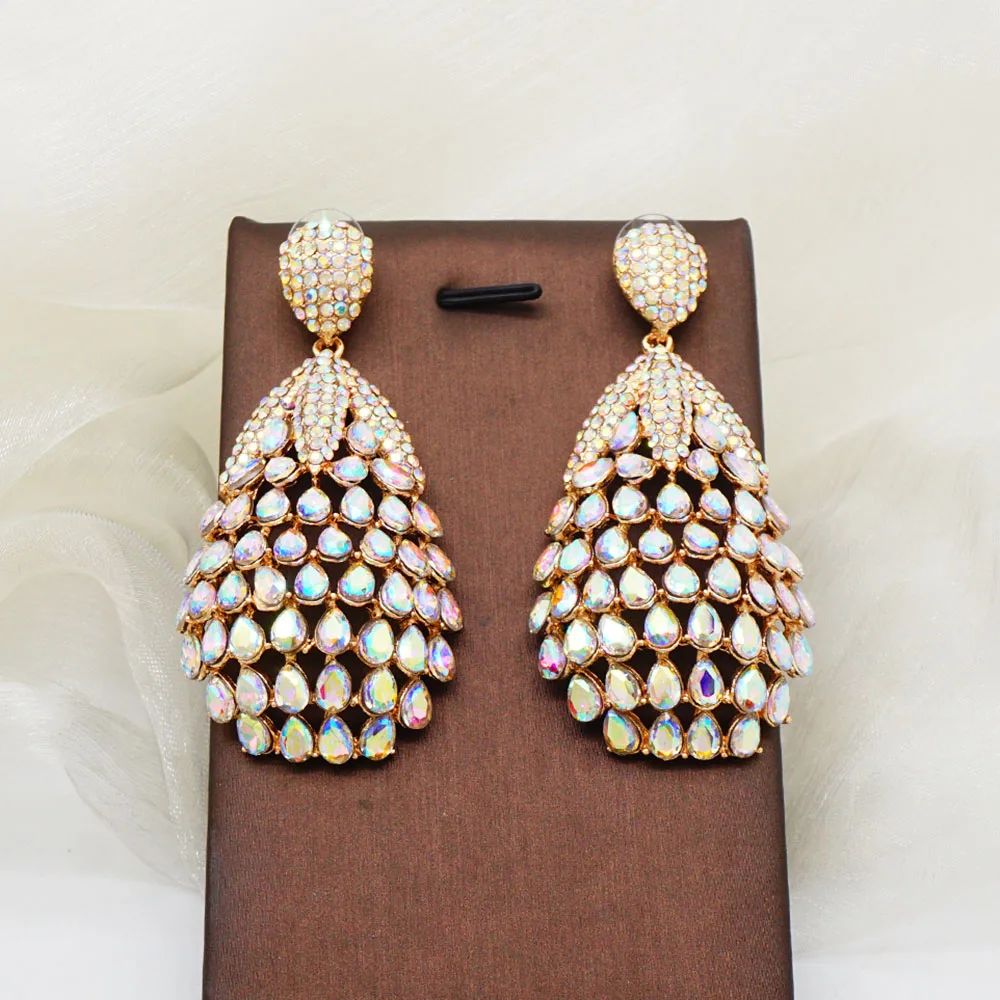 Damen AB Kristall Tropfen-Ohrringe Goldfarben Hohle Strass-Ohrhänger Hochzeit Party Braut Statement-Schmuck Geschenk – Detail 2
