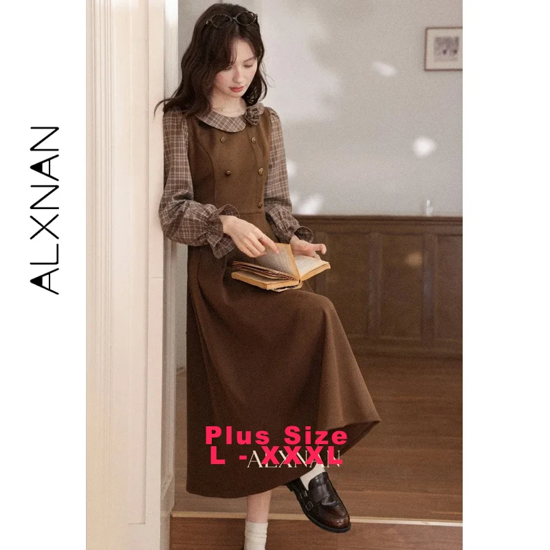 

ALXNAN Plus Size Brown Dress Women Winter Faux Two-Piece Plaid Long Sleeve Party Dress Brown Vintage 3d Floral Long Dress D59106