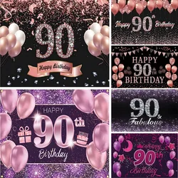 Happy 90th Birthday Banner Backdrop Decoration Confetti Balloons Garland Rose Gold Women Pink 90 Years Background Photography