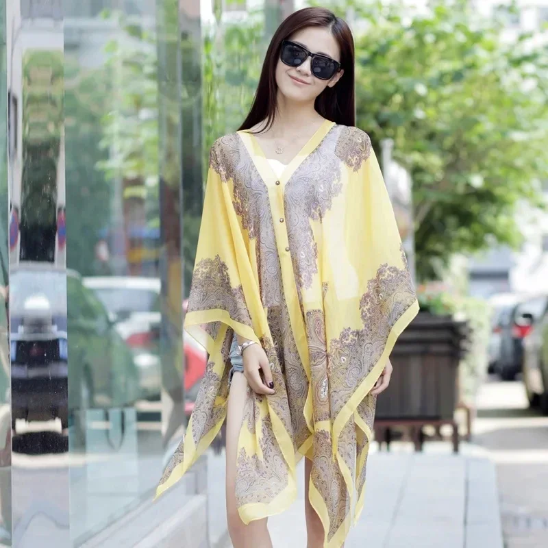 

Fashion Women Ponchos Capes Summer Sunshade Imitation Silk Button Shawl Sunscreen Shawl Gift Silk Scarf Shawl Cloak Yellow