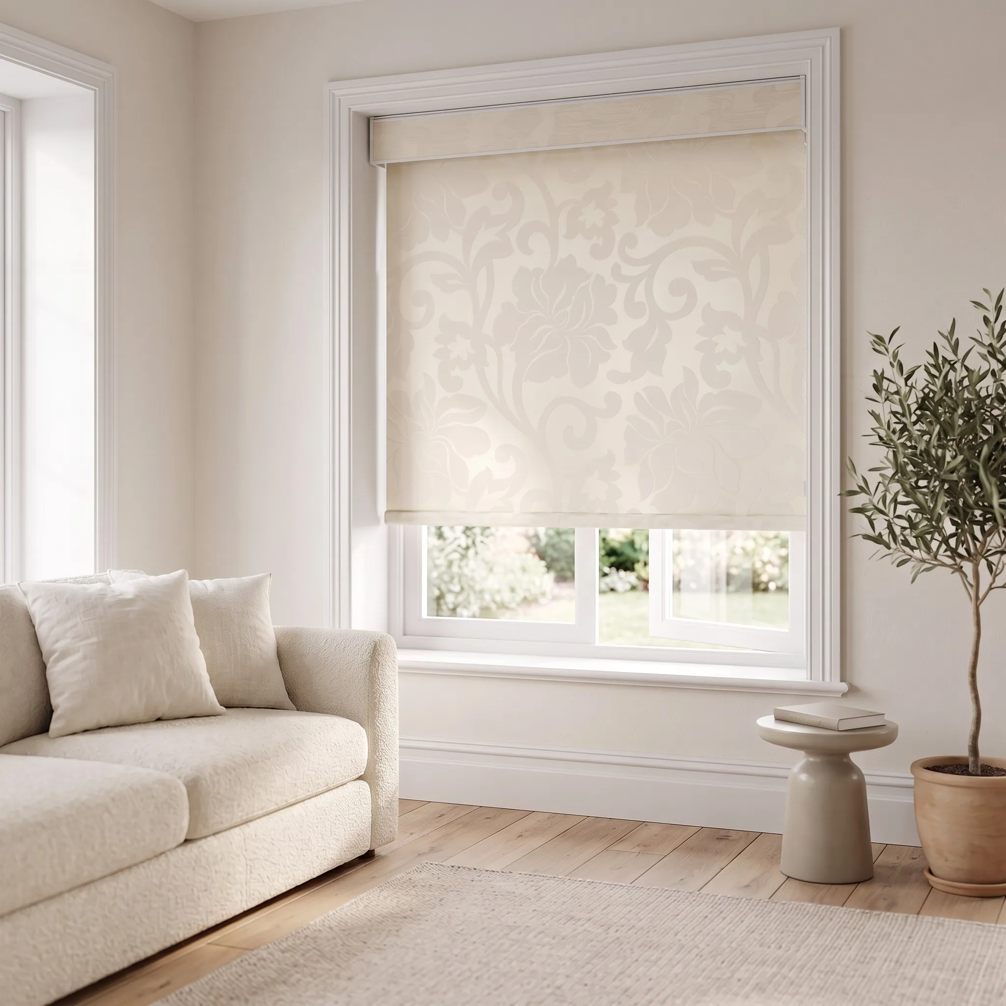 European Vintage Floral Jacquard Roller Blind,Cordless Water‑Repellent Semi‑Light Filtering Window Shade,Custom Beige Flower Pat