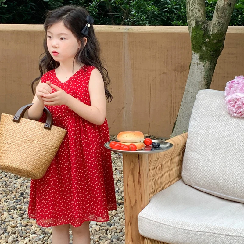 Korean Style Baby Girls Summer Dresses Kids Girl V-neck Sleeveless Polka Dot Princess Vestidos Children Sweet Costume