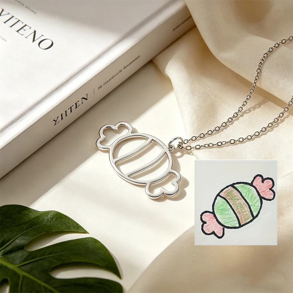 Custom Simple Drawing Children Fun Candy Stainless Steel Cut Pendant Necklace Cute Children Simple Drawing Perfect Children Gift