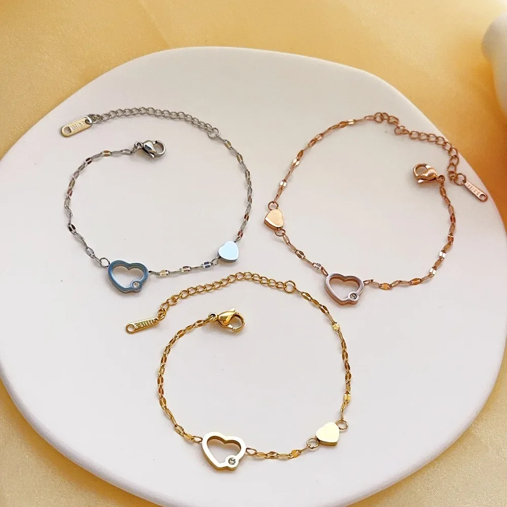 Classic Trendy Gold Color Stainless Steel Beating Heart Bracelet for Women Cute Charm Party Jewelry Colorfast Friendship Gift