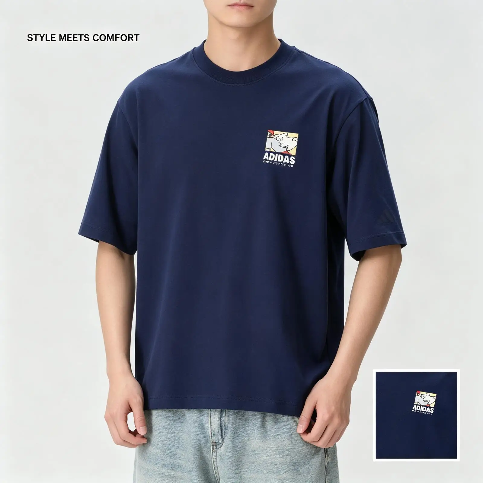 Adidas Men Crew Neck Short Sleeve T-Shirt Cartoon Graphic Soft Cotton Casual Sports Top KE4338