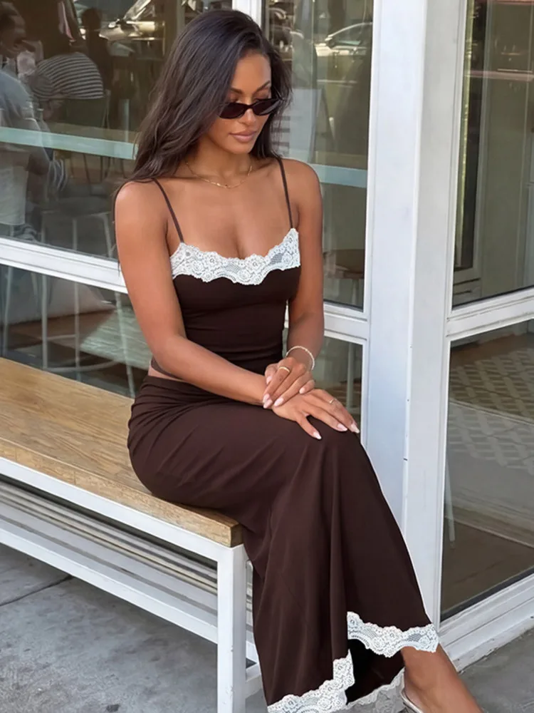 XIAOTANG Contrast Lace Sexy Two Piece Set Women Spaghetti Strap Crop Tops and Midi Skirt Matching Sets Club Party Dress Set