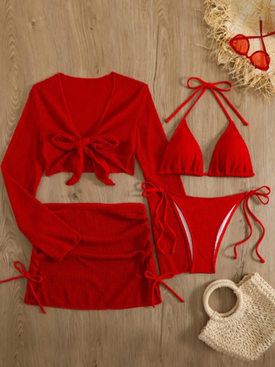 4-teiliges Neckholder-Bikini-Set 2026 Mesh Cover Up Bademode Damen Langarm Solid Badeanzug Damen Badeanzug Bademode