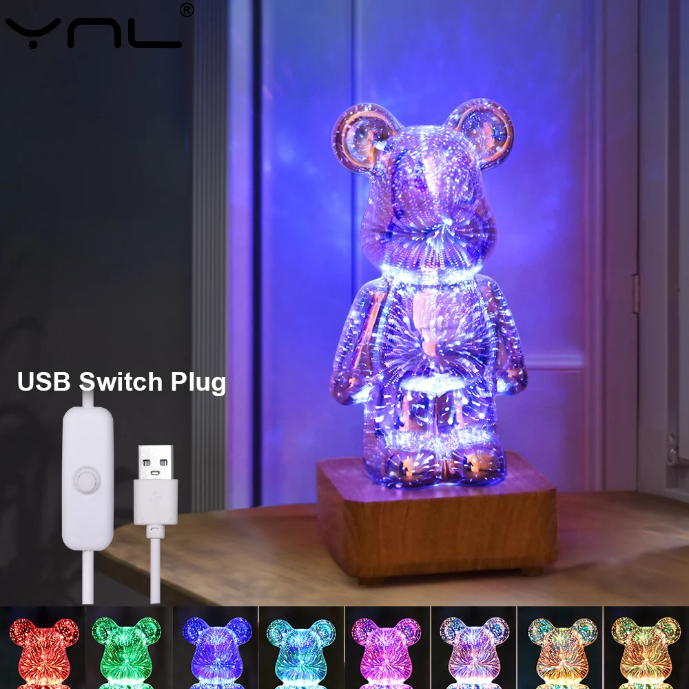 3D LED 불꽃놀이 램프, 곰 야간 조명, 조도 조절 프로젝터, 다채로운 분위기, 침실 테이블 장식, 조명 선물, USB 스위치 포함