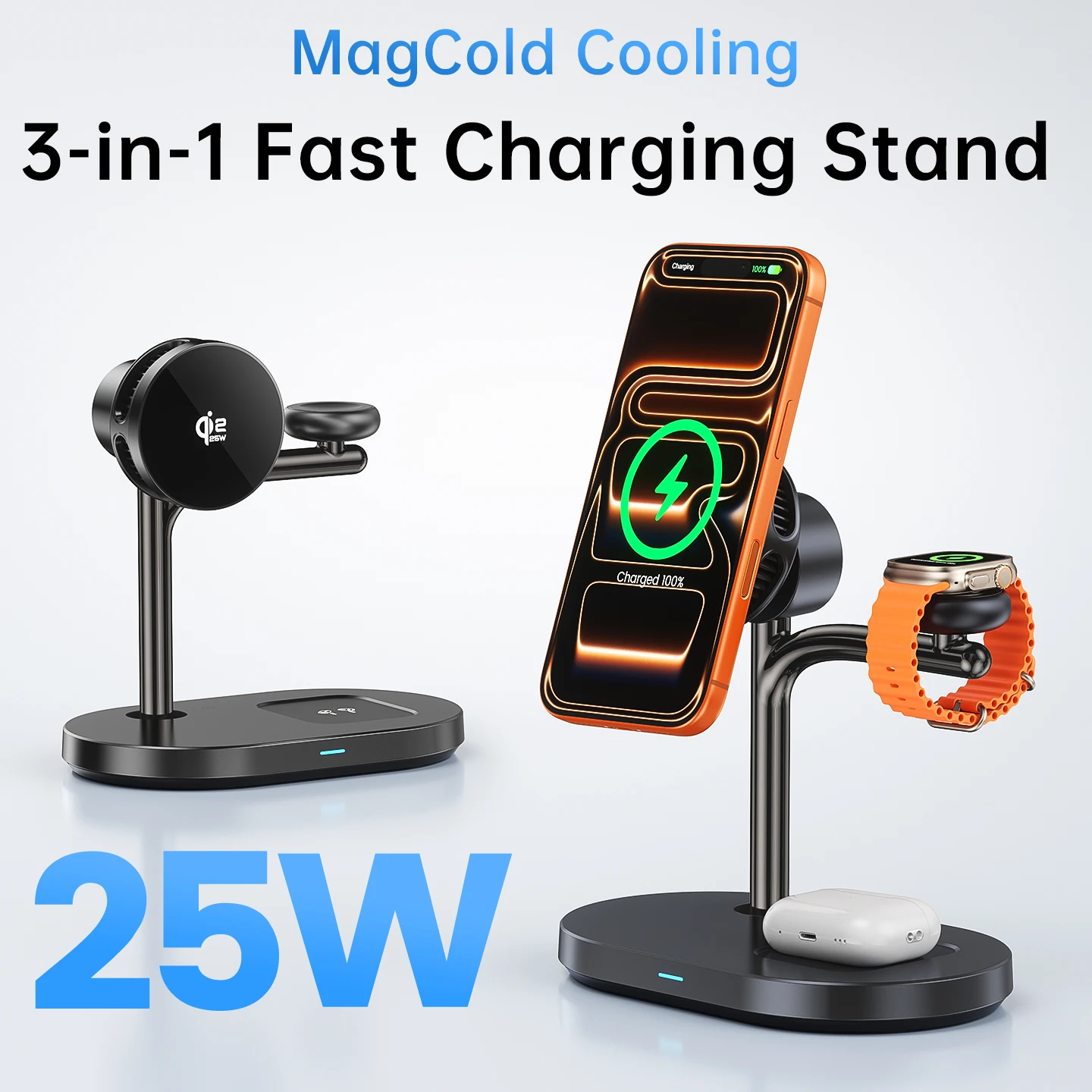 

Qi2.2 25W MagCold Charger Stantion for iPhone 16 17 Galaxy S25 S26,Active Cooling Wireless Charging Stand for Watch & AirPods