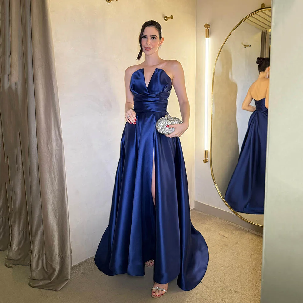 

Msikoods Navy Blue Evening Dresses Elegant 2025 Strapless Pleated Party Gown For Special Events Wedding Guest Dress Customized