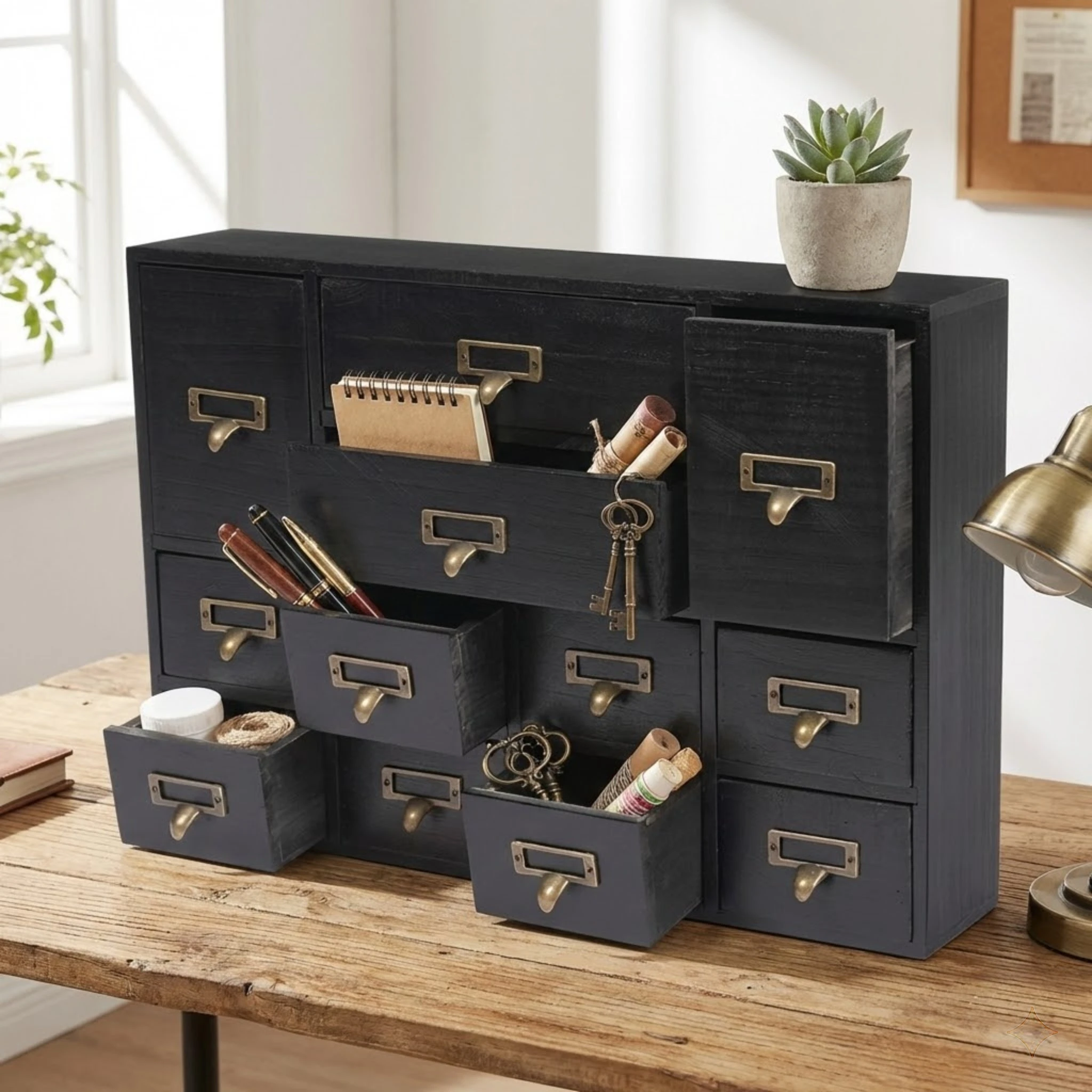 

Desktop Drawer Organizer Cabinet for Home Office, 12 Drawer Wooden Storage Box for Crafts & Supplies, Vintage Black