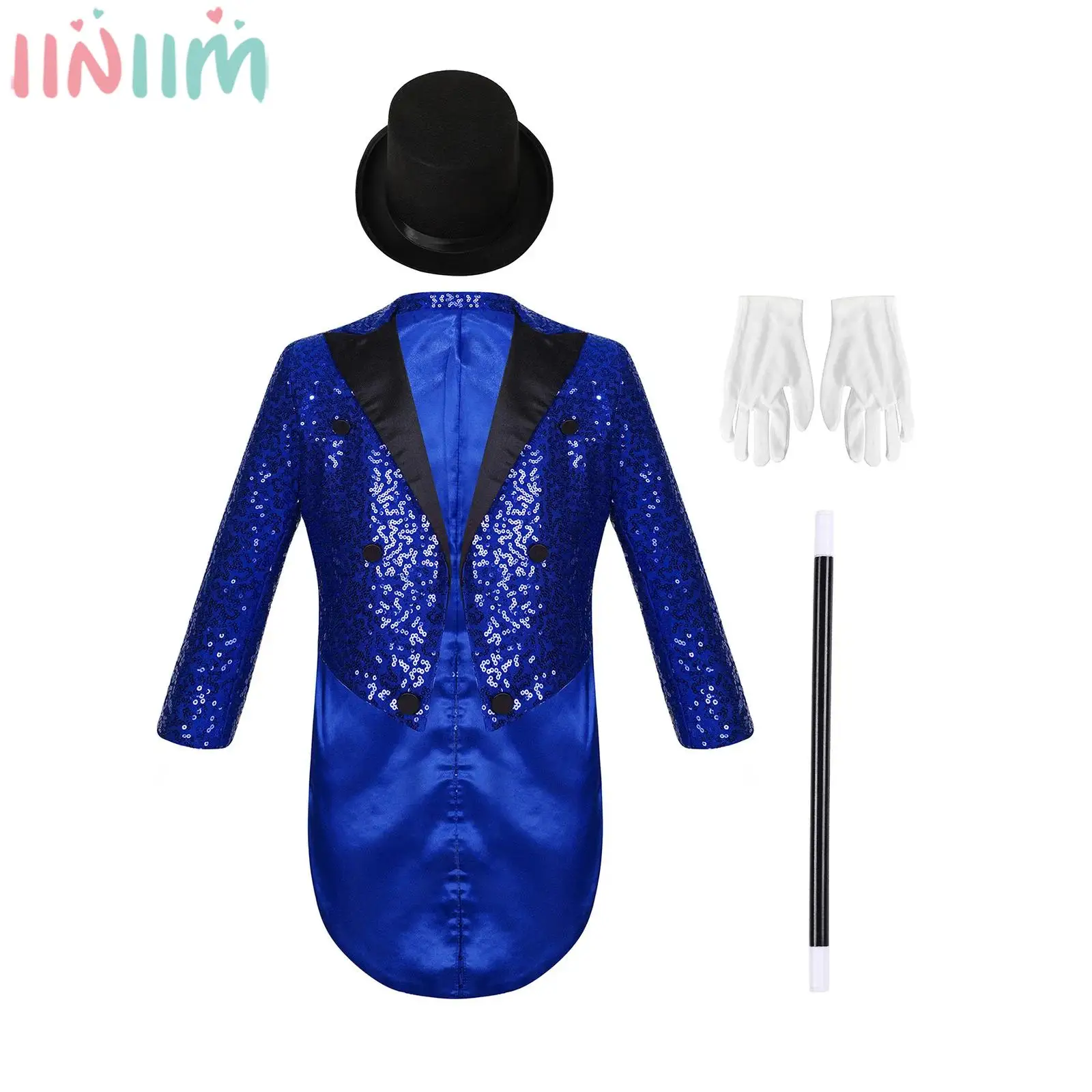 Kids Boys Halloween Magician Circus Ringmaster Cosplay Costume Tailcoat Blazer with Hat Gloves Wand for Carnival Theme Party