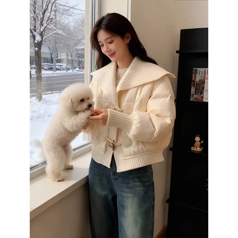 

Корейская легкая тонкая короткая куртка-пуховик с вязаным воротником для женщин, осенне-зимняя модная верхняя одежда, женское пальто