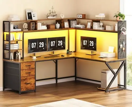 L Shaped Desk with Hutch and 3 Drawers, Convertible 94.5