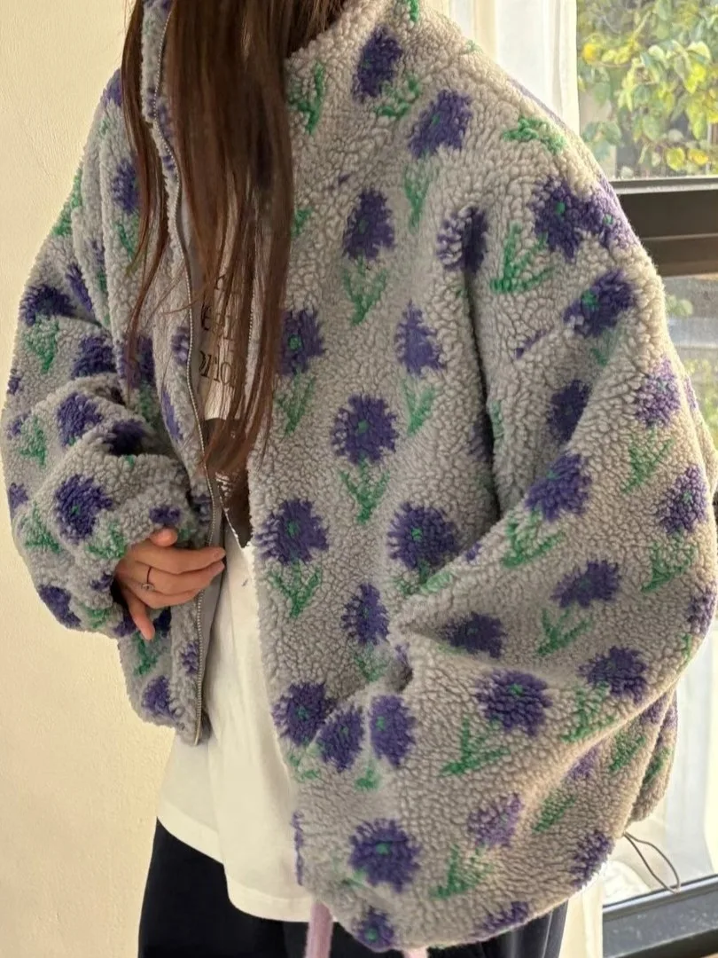 Chic Winter Thiened ort Lamm Pelzmantel frauen Floral Gemusterte Vielseitige Warme Oberbekleidung Koreanische Sle Lose Fit Damen Jaet