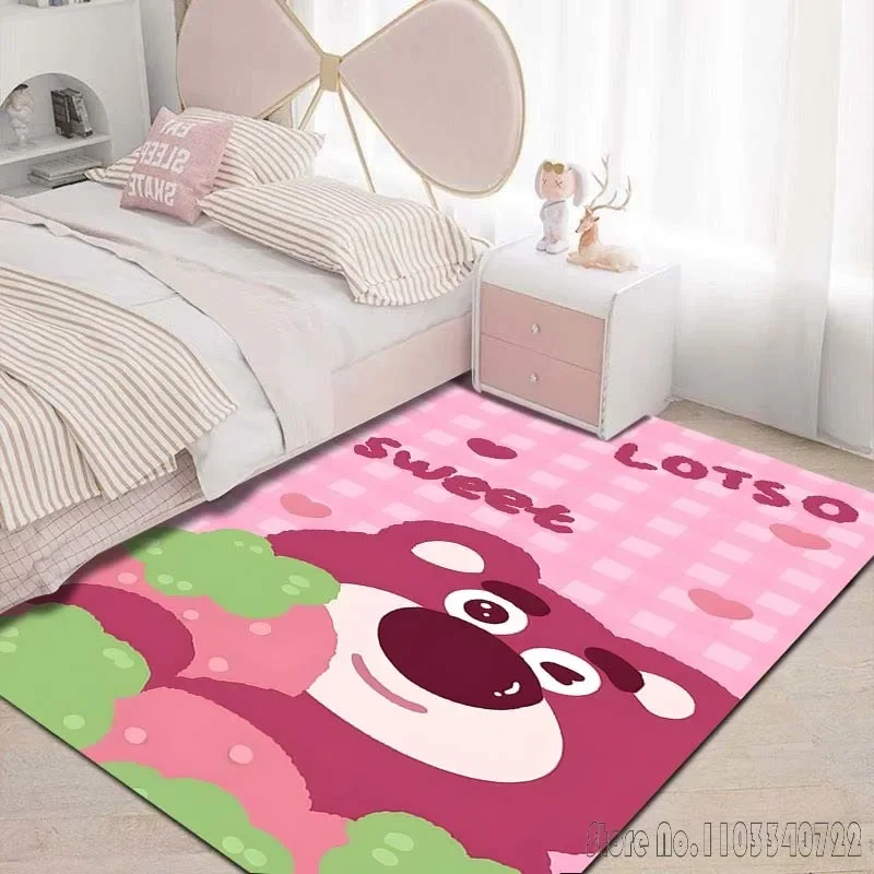 Karpet motif kartun Disney Lotso beruang, karpet untuk ruang tamu, Kamar tidur, keset lantai, dekorasi antiselip untuk dekorasi ruang anak perempuan, kamar merah muda