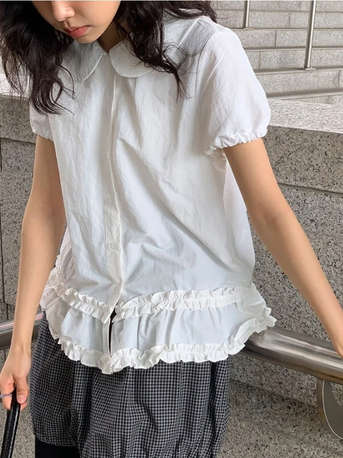 

Белая повседневная женская рубашка с пуговицами, воротником-стойкой, двойным слоем и рукавами-фонариками, летний новый стильный топ