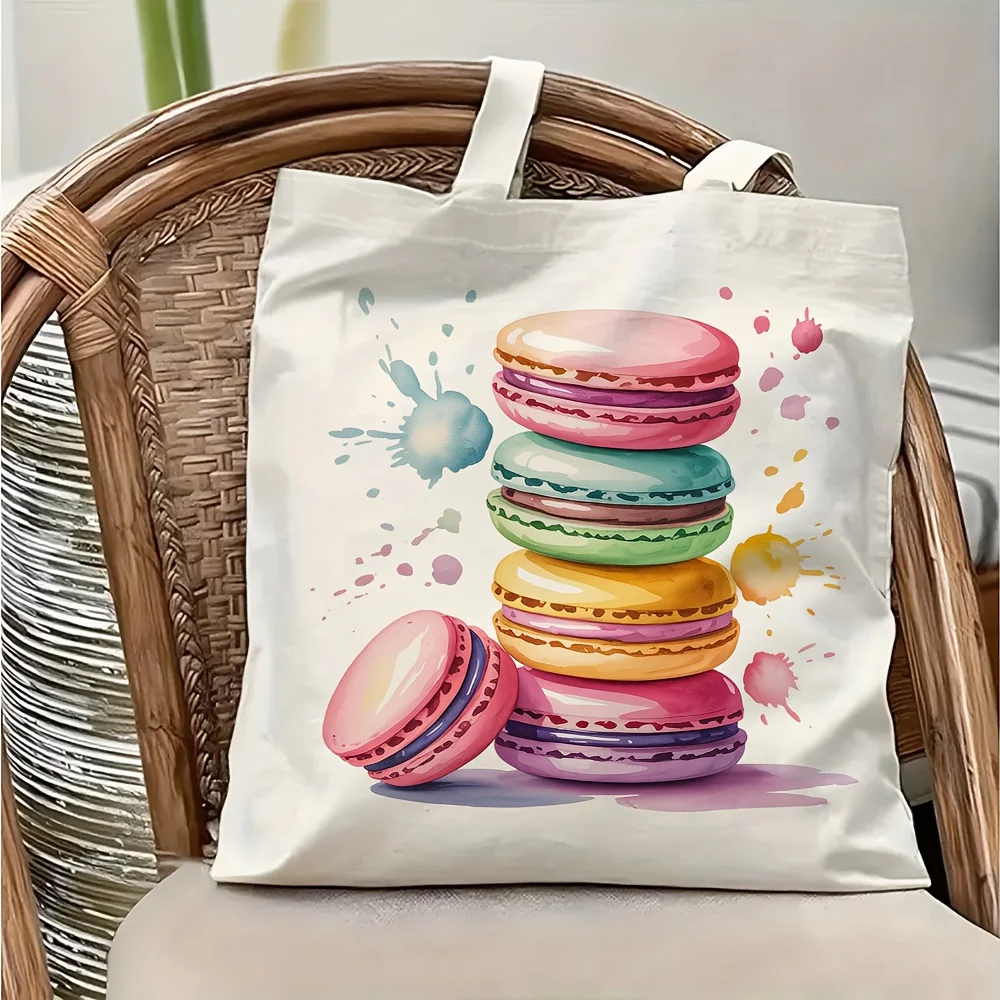 1pc Watercolor Macaron Tote shopping bag, suitable for daily use, shopping, school and travel, a sweet gift for dessert lovers.