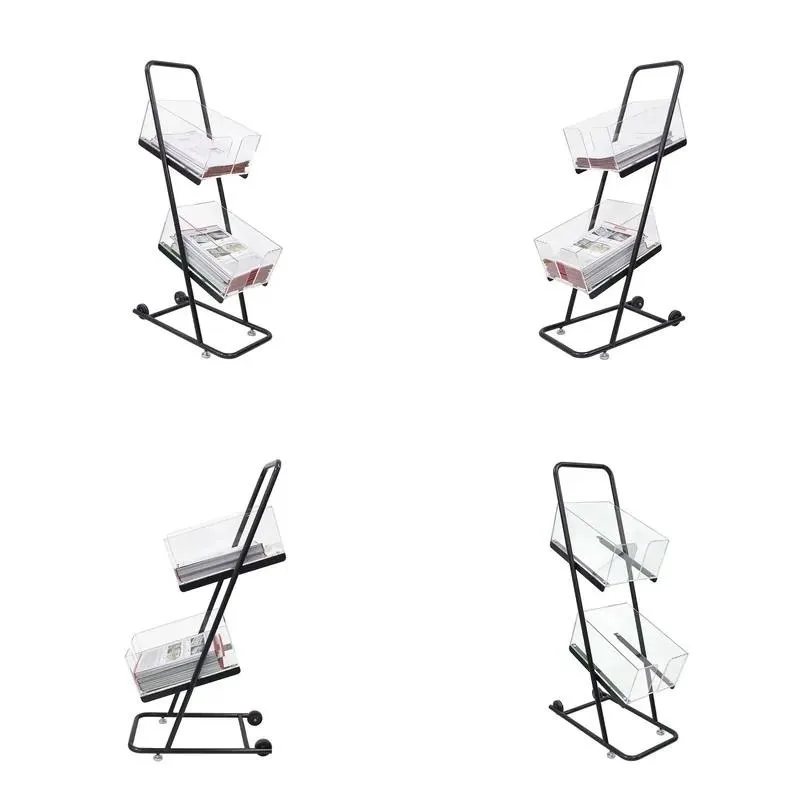 High Quality Customizable Movable 2 Tier Floor to Ceiling Metal Newspaper Magazine Display Rack