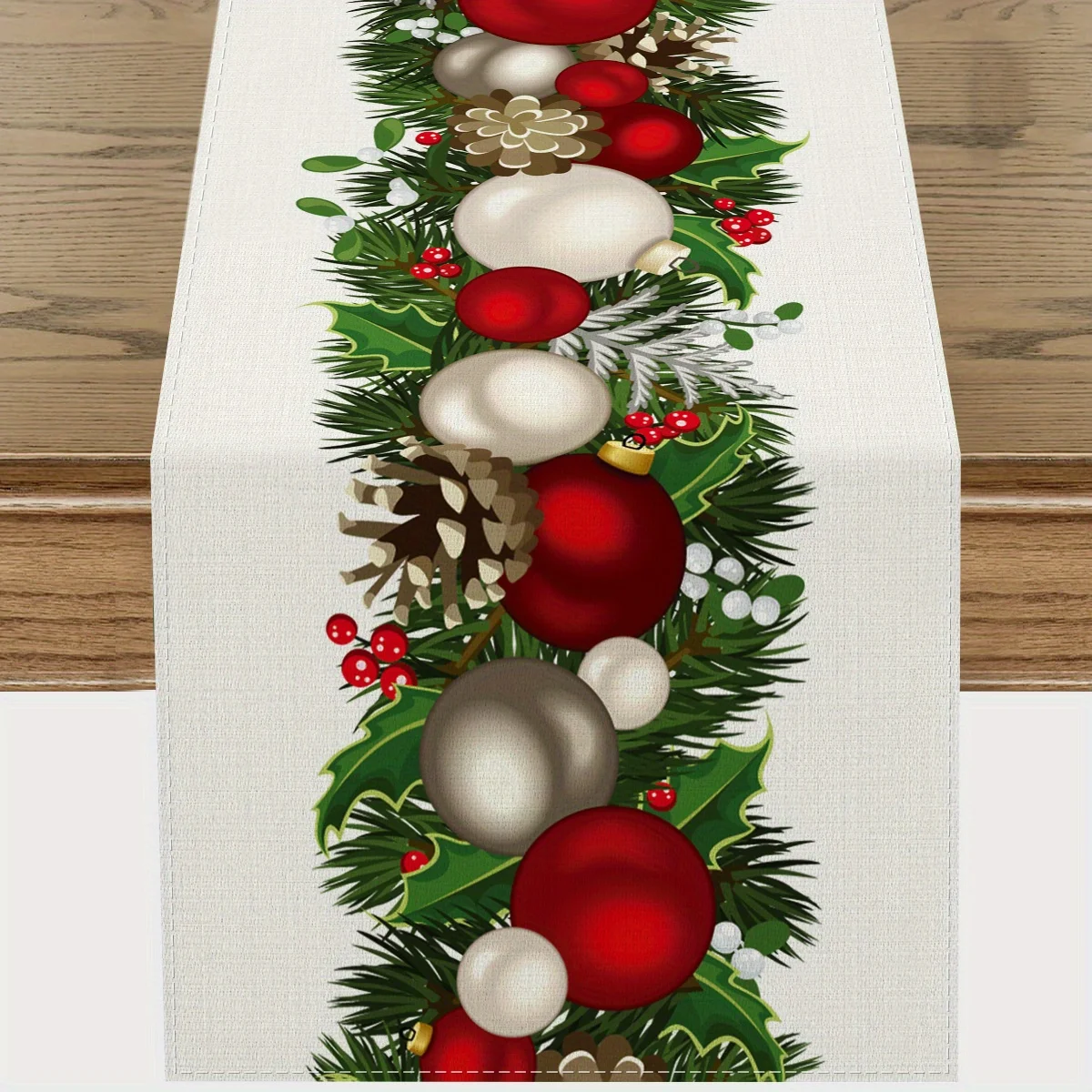 Christmas Pine Branches Balls Berries Table Runner Party Decor Washable Winter Kitchen Dining Table Runner Christmas Decorations