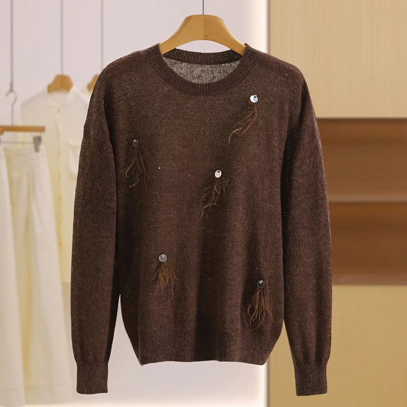 سترة محبوكة رقيقة بألوان نقية مزينة بالترتر، تصميم عصري شبابي، نمط كاجوال للتنقل اليومي، أكمام طويلة وياقة دائرية #2