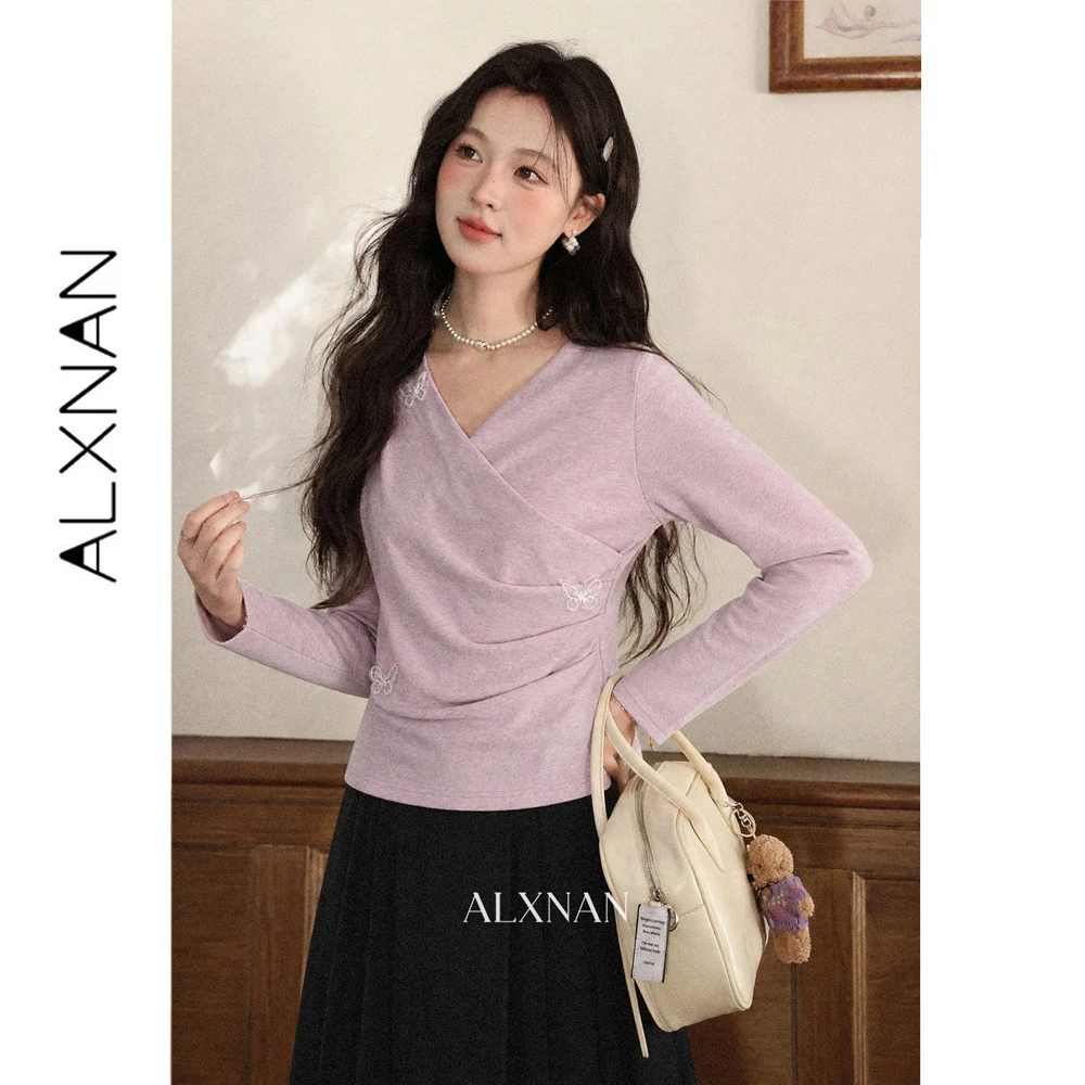 ALXNAN Pink T-shirt Women V-neck Autumn New Long Sleeve Slim-fit Elegant Pullover Elegant 3D Butterfly Design Top DYL663184