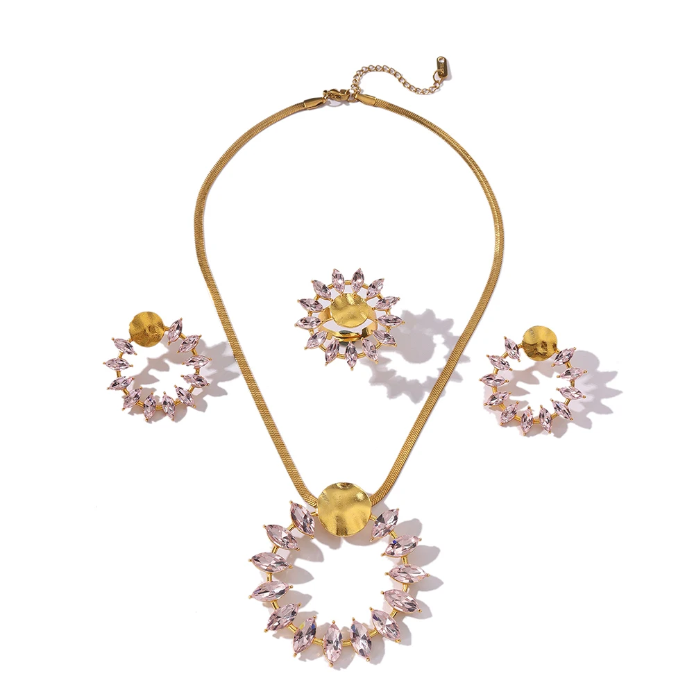 2024 New Stainless Steel 18 K Gold Plated Exaggerated large pendant necklace + earrings + ring jewelry set for Women   Jewelry