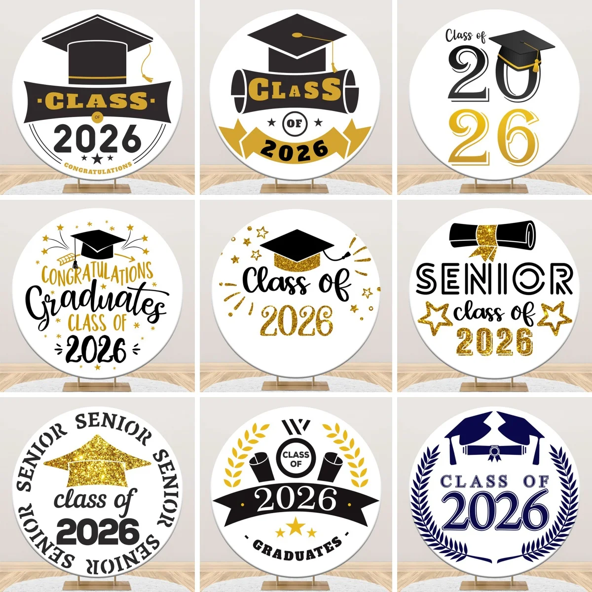 

Фон для фотосессии выпускников 2026 года: круглый, золотисто-черный, с блестками, в виде шляпы выпускника, с надписью «Поздравляем, выпускник!» для выпускного вечера, бала, вечеринки