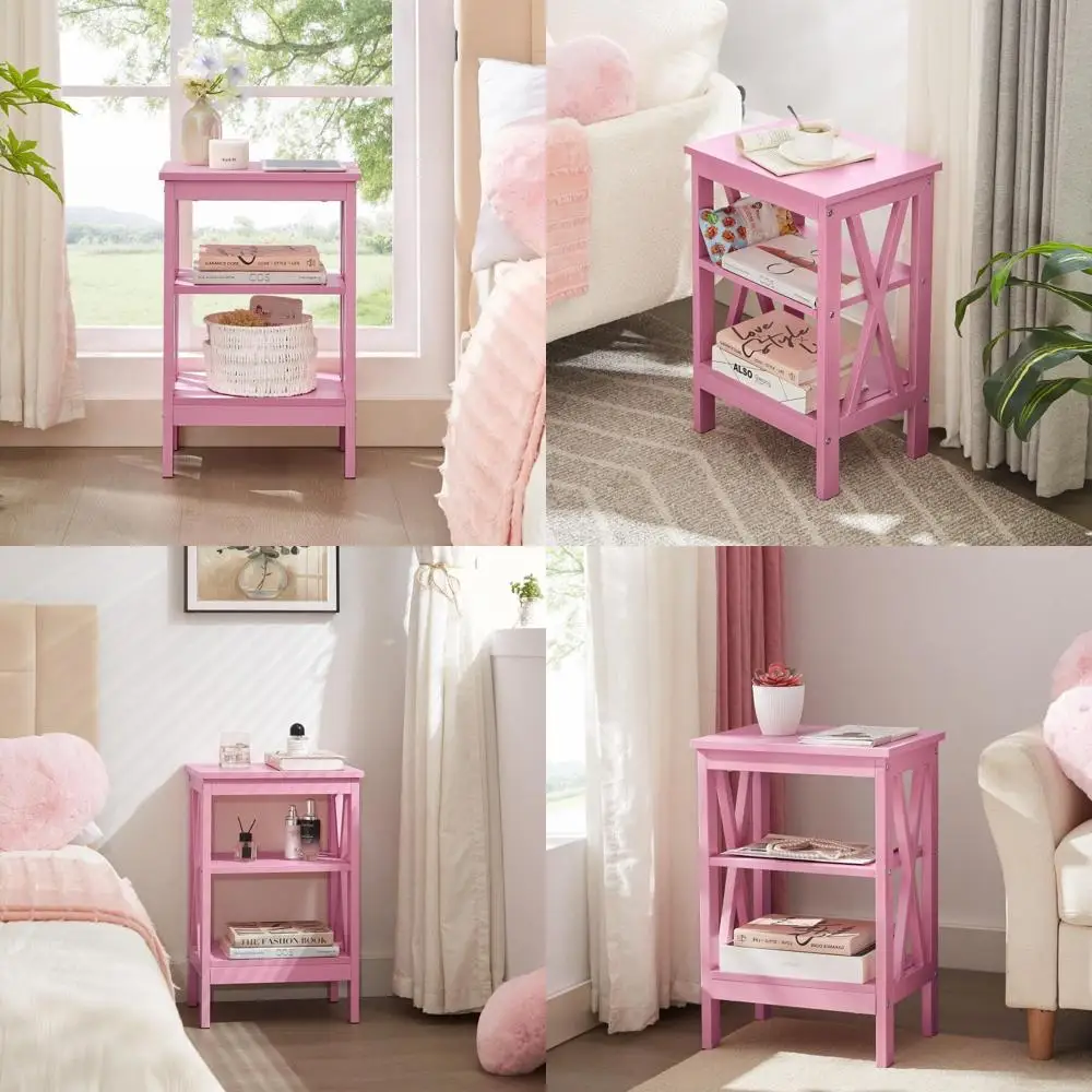 

Pair of 24 Pink X-Design End Tables with 3-Tier Storage for Living Room, Bedroom, and Office