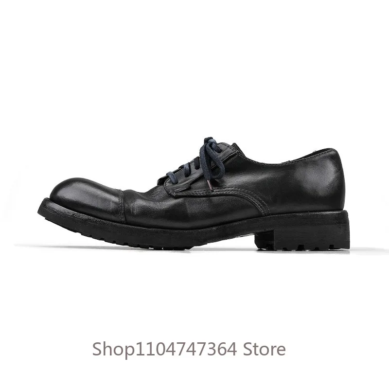 Retro Handmade Lace‑up Thick Sole Casual Genuine Leather Derby Shoes Men's Casual Dress Work Business Leather Shoes Male Black