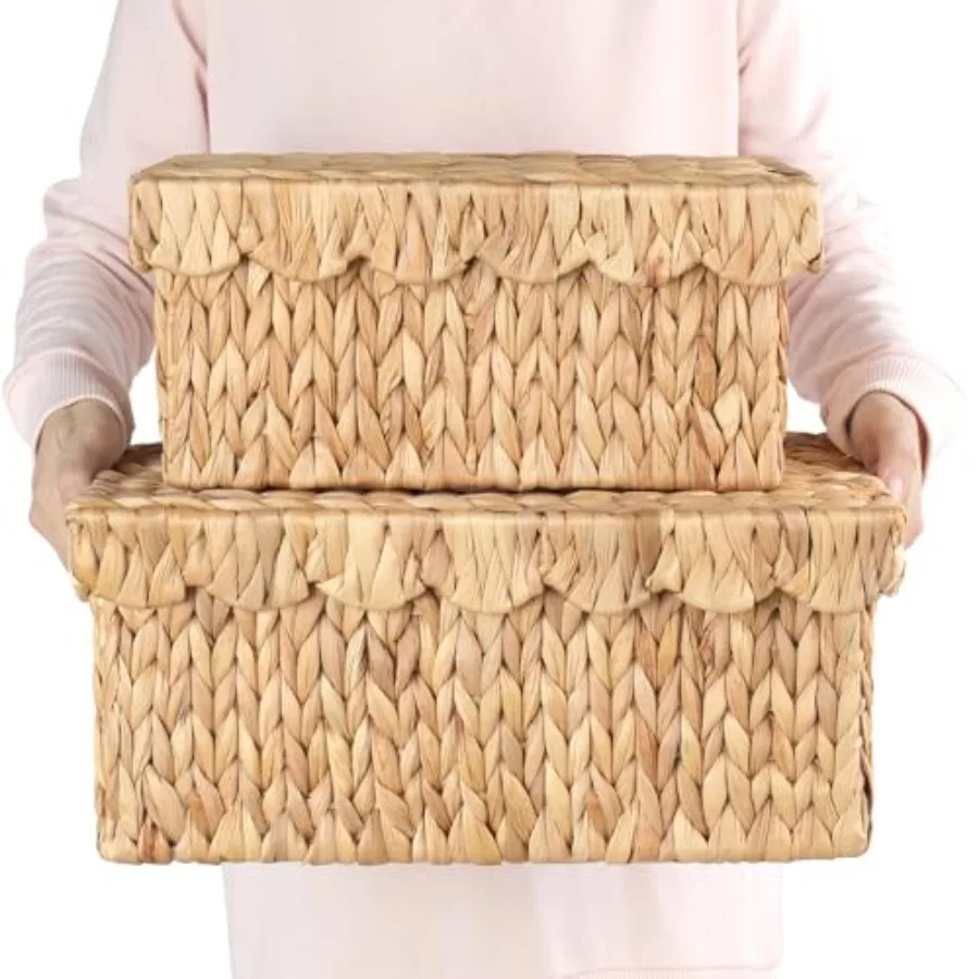 2pcs Hand Woven Water Hyacinth Scallopped Baskets with Lid Small Hyacinth Basket Decor Wicker Storage Basket Storage Basket for