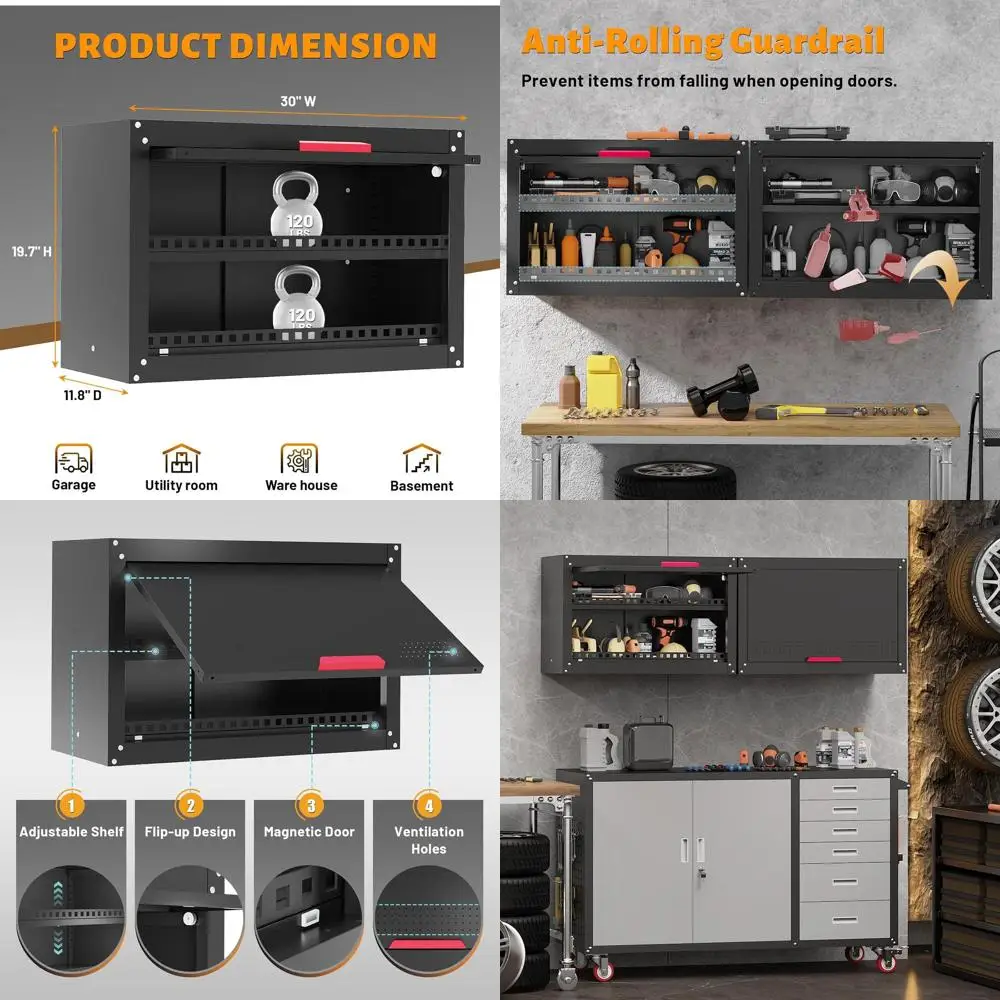 

30 Wide Garage Wall Cabinet with Flip-Up Door, Metal Storage Cabinet featuring Adjustable Shelves, Anti-Fall Rails for Workshop,