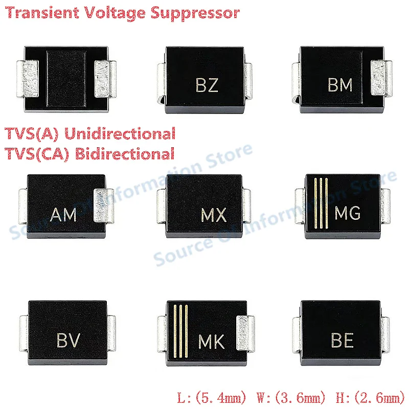 

500Pcs Transient Voltage Suppressor SMBJ5.0CA/5.6CA/6.8CA/6.0A/10/12/13/16/18//20/24/28/30/33CA TVS Uni and Bi 100% New