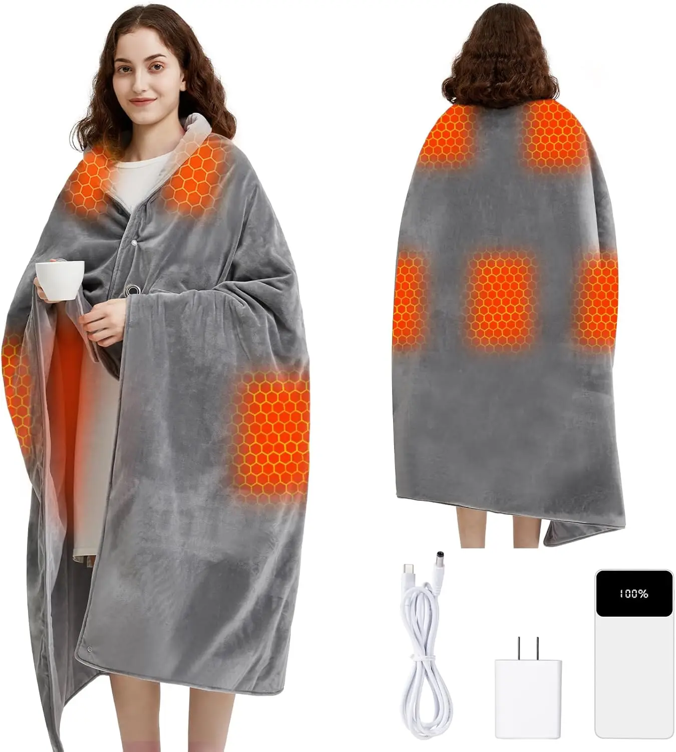 12V 10000mAh Rechargeable Battery Included,50”x60” Portable Heating Blanket,3 Heating Levels Soft Flannel Electric Throw Blanket