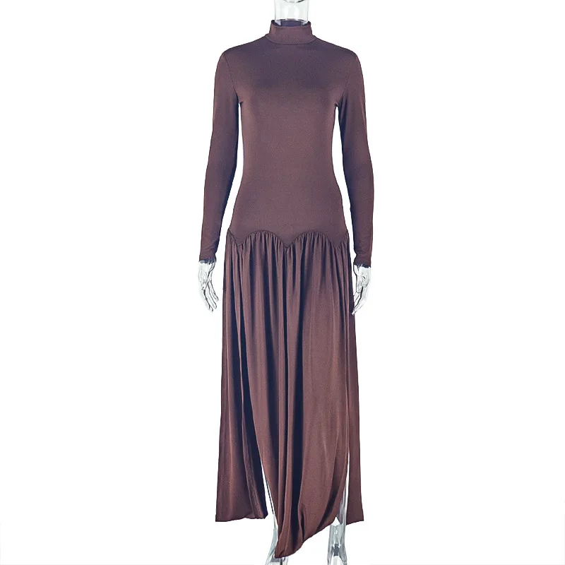 Abito lungo a pieghe con spacco alto solido Abito da sera aderente a maniche lunghe con collo alto moda donna 2025 Abito lungo da festa autunnale