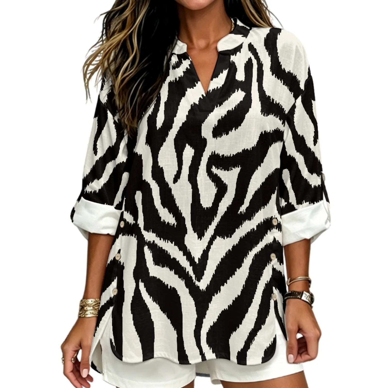 PENSTROLL Zebra Print Rolled Sleeve V Neck Shirt for Office Linen Style Loose Fit Blouses Sizes S-5XL
