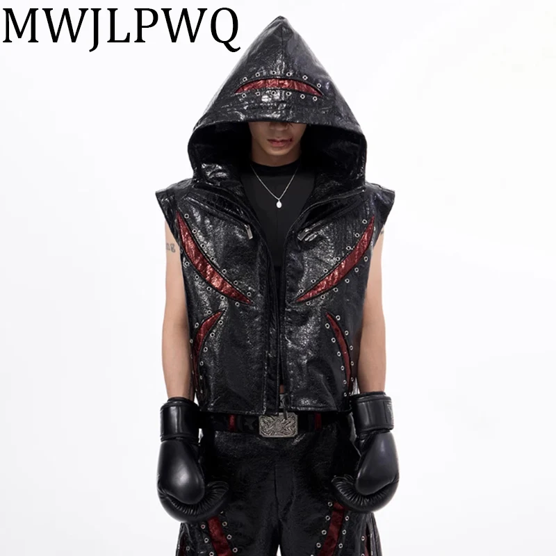 

MWJLPWQ Crack Texture Darkly Spliced Sets High Street Rivet Hooded Jacket Machete Loose Wide Leg Trousers Summer Fashion 010792
