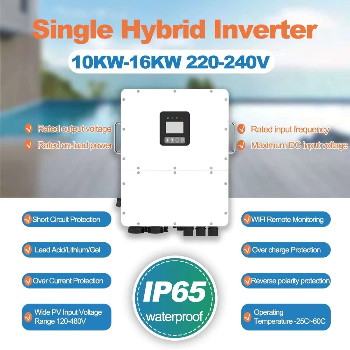 10KW 12KW 14KW 16KW Single Phase Hybrid Solar Inverter 220V 230V 240V On Off Grid 3  480V 48V RS485 CAN WiFi