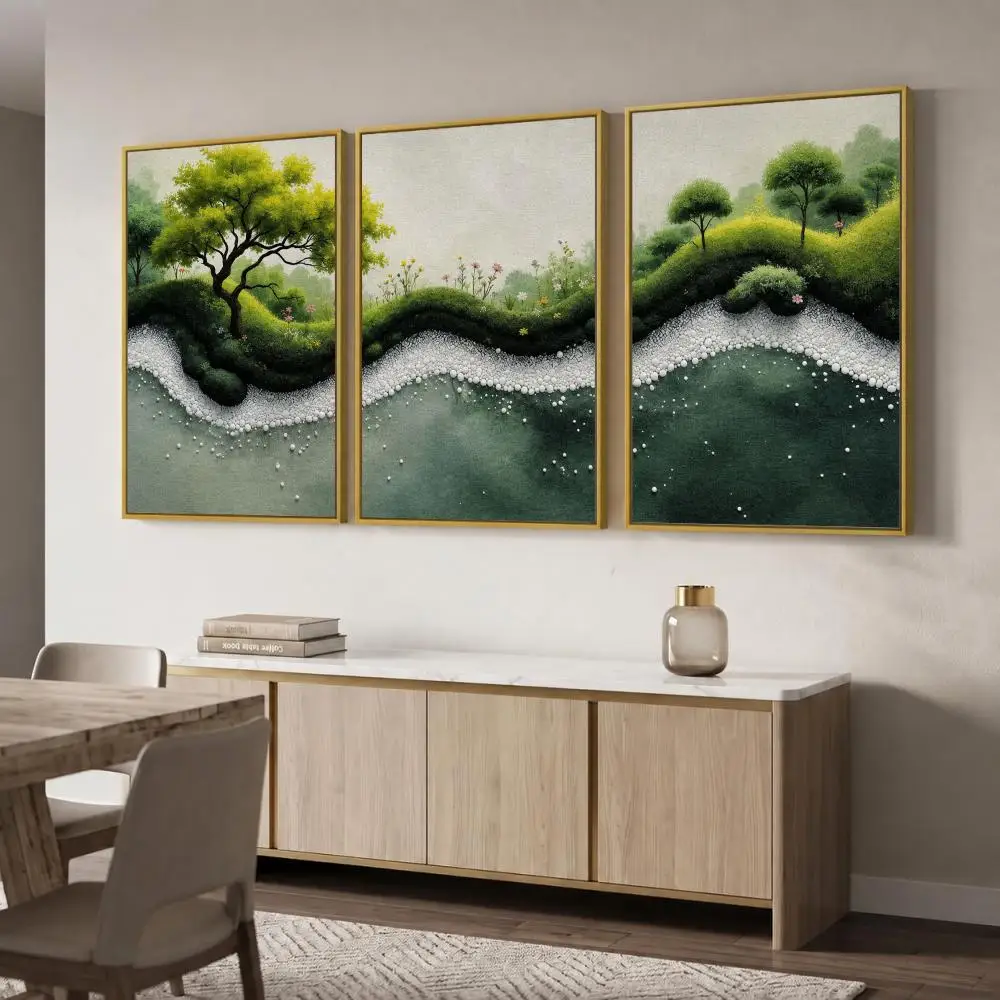 Green Moss Garden Pebble Landscape Painting Calligraphy Canvas Poster Set Wall Art Print for Living Room Bedroom Home Decor