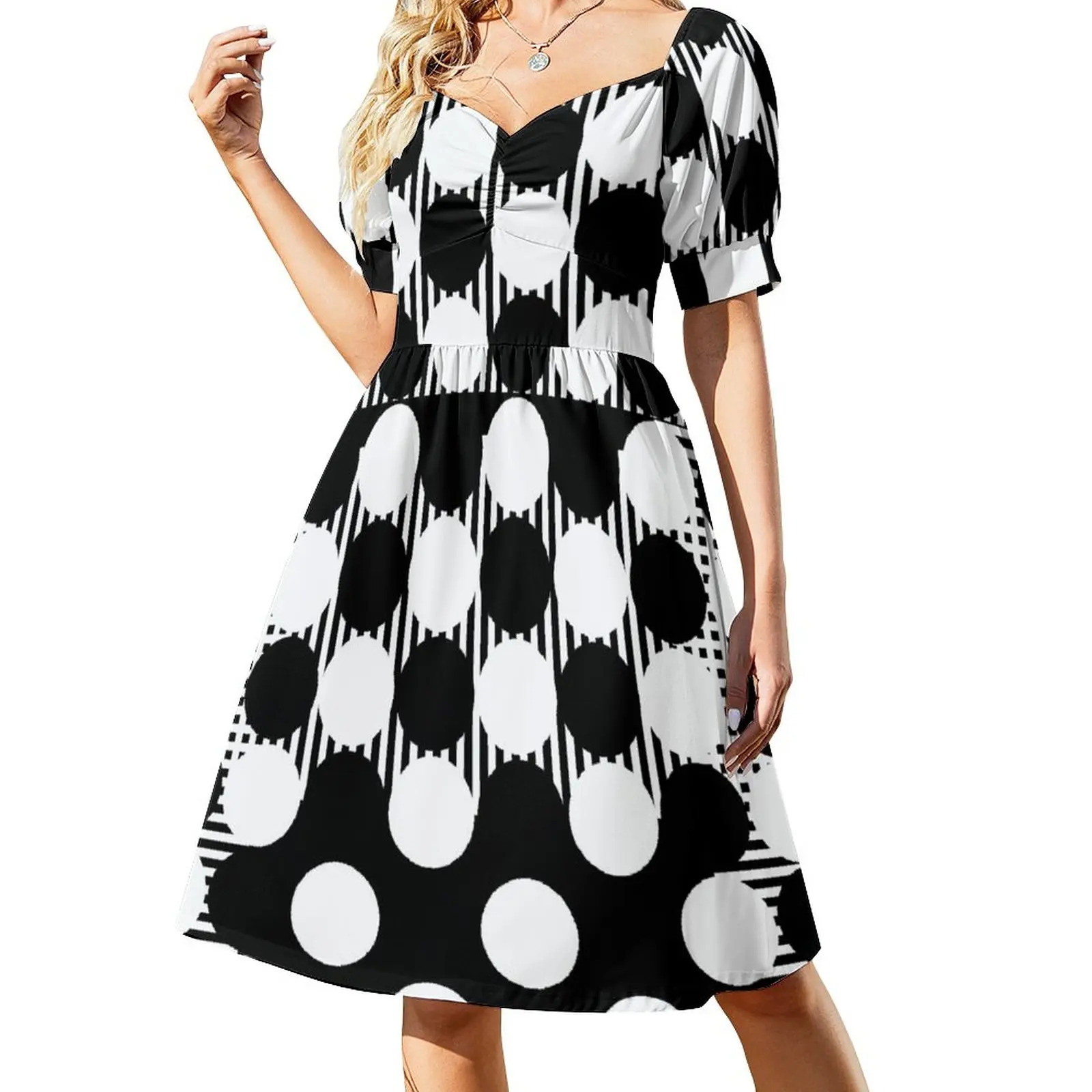 

Black White Geometricals With Polka Dots Sleeveless Dress Cocktail of dresses dresses for womens 2023