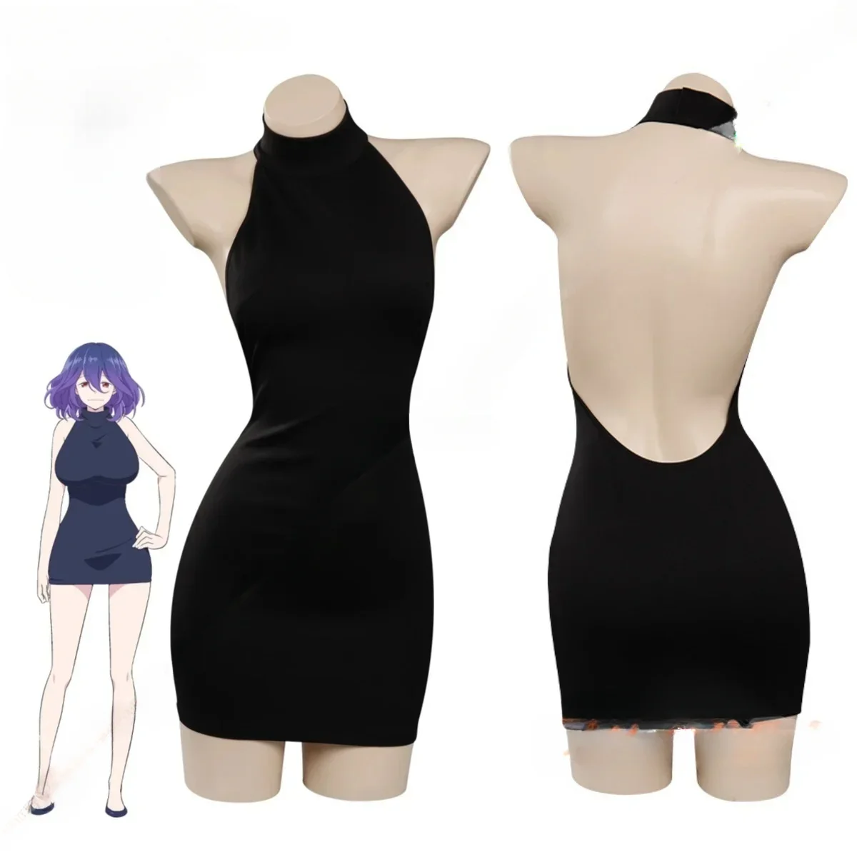 

Women's sexy sleeveless hanging neck backless mini sexy dress anime dress cosplay costume black uniform slim fit dress