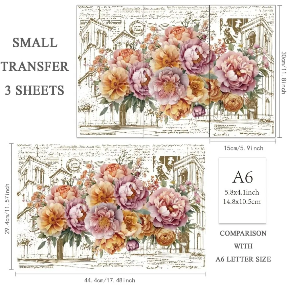 3pcs/Set Vintage Flowers Rub on Transfers - 6x12 Inch Architecture Letters Decals for Crafts Furniture
