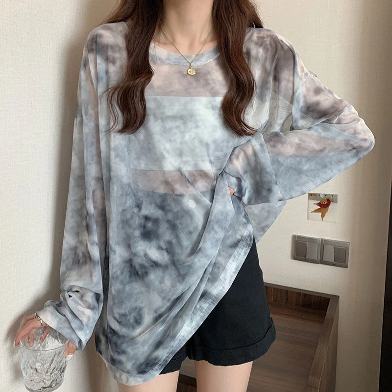 Tie Dye Long Sleeve T Shirt Women Korean Fashion Loose Print Mesh Top Female Casual Chic O Neck Summer All Match Tees New