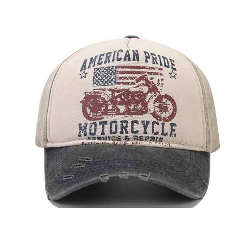 Motorrad Sonnenhut Graffiti Print Baseball gewaschene Vintage Cap Farbblock Baseball breite Krempe Hut Entenschnabel Cap – Detail 1